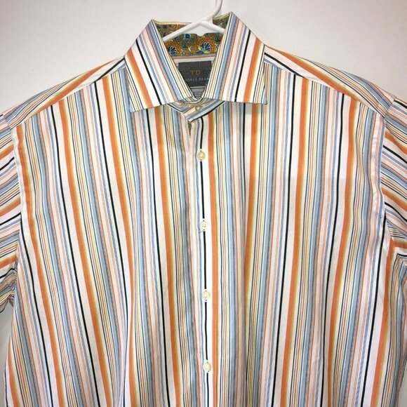 Thomas Dean Mens Large Multicolored Striped Flip Cuff Button Up Collar Shirt L - Picture 3 of 11